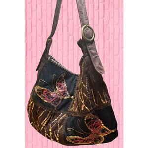 Brown and Black Patchwork Shoulder Bag with Butterfly and Sequin Embellishments